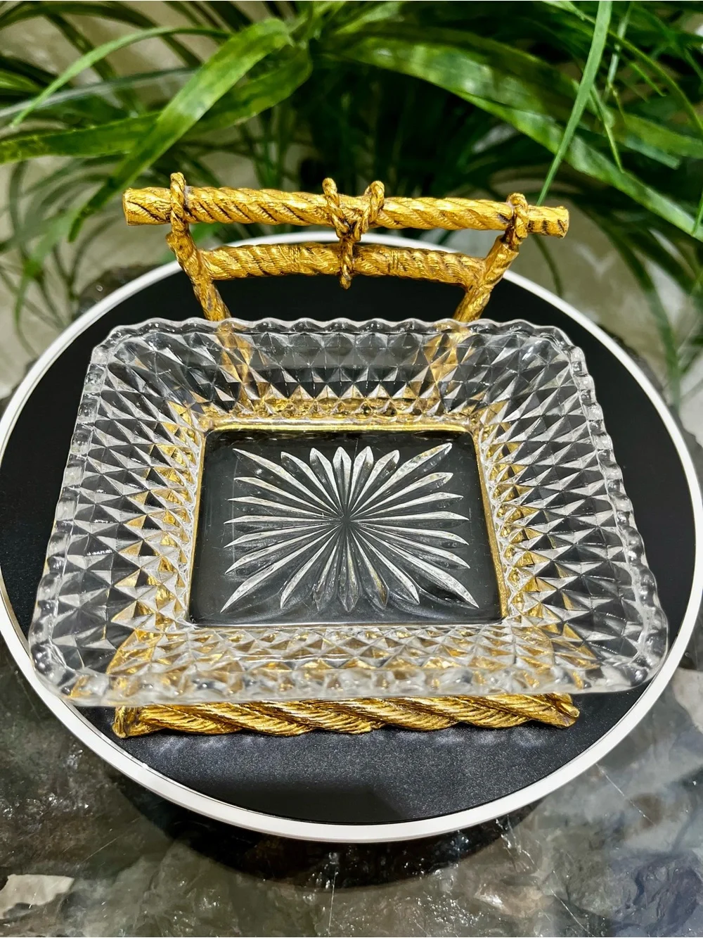 Vintage MCM Hollywood Regency Rope Braid Design Soap Dish and Glass Holder Set
